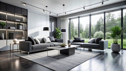 Modern Minimalist Black & White Living Room Interior Design - Architectural Photography
