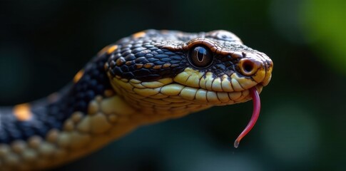 Obraz premium Snake's head in profile view with sharp eyes and forked tongue exposed, close up, animal, nature