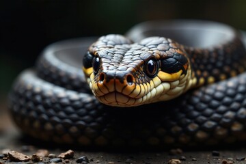 Obraz premium Snake's facial features in sharp focus, bared fangs and piercing eyes , blue viper snake face close up, venomous snakes, animal behavior