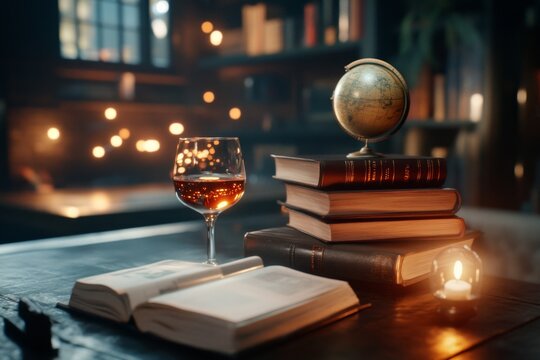 A dimly lit study with antique furniture, stacks of old books, and a globe, evoking an atmosphere of intellectual nostalgia