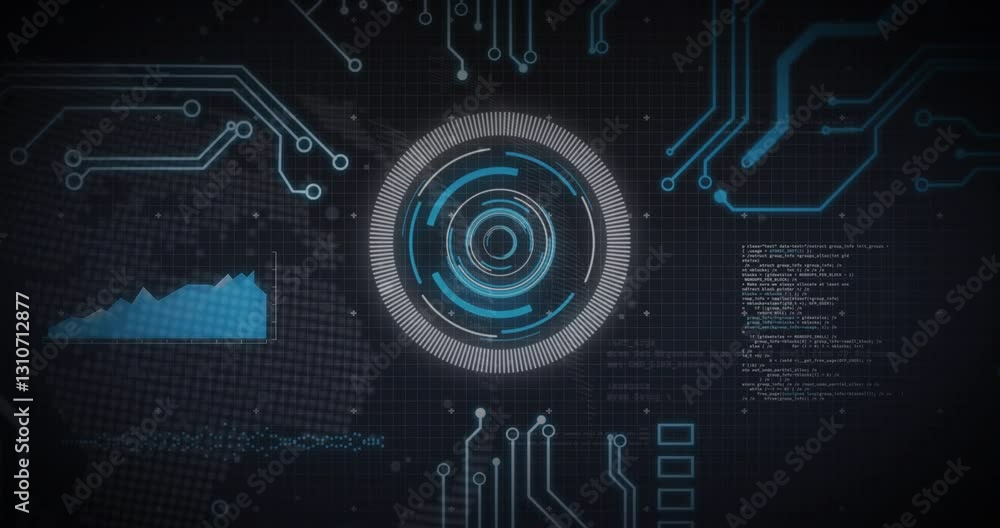 Poster animation of futuristic digital interface with circular patterns and data in school