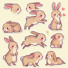 Obraz premium Adorable Rabbit Illustrations in Various Poses - Crayon Style Stickers