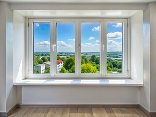 Fototapeta premium Modern Minimalist Interior: Four-Panel Window Sill, White Frame, Urban Exploration Photography