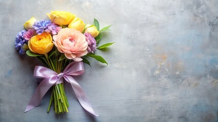 Fototapeta premium A Delicate Bouquet of Pastel-Colored Flowers Tied with a Lavender Ribbon, Resting on a Textured Surface