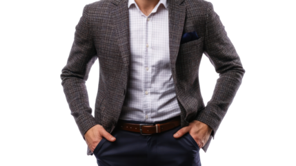Stylish businessman in a blazer with hands in pockets, isolated on a white background.