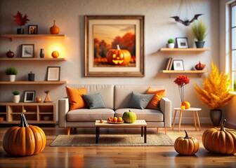 Modern Minimalist Living Room Halloween Decor Mockup, Tilt-Shift Photography