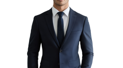 Confident businessman in a navy suit standing with arms relaxed, white isolated background.