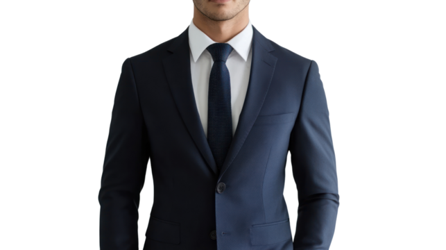Confident businessman in a navy suit standing with arms relaxed, white isolated background.