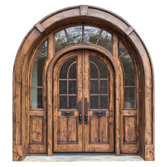 Fototapeta premium Elegant Wooden Arch-Shaped Double Doors with Intricate Window Design in Natural Wood Finish
