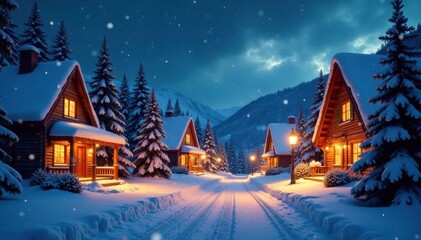 Snowy village at night with Christmas lights and decorations , festive atmosphere, winter wonderland