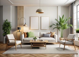 Modern Minimalist Living Room with Large Blank Canvas Wall Art Space
