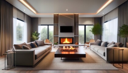 modern interior living room burning fireplace cozy design