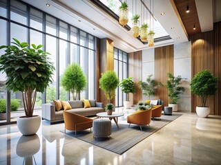Modern Minimalist Lobby Interior Design with Elegant Decor and Greenery
