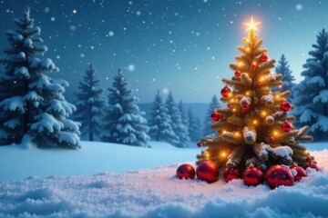 Obraz premium Snowy winter landscape with Christmas tree and festive decorations, decoration, snow