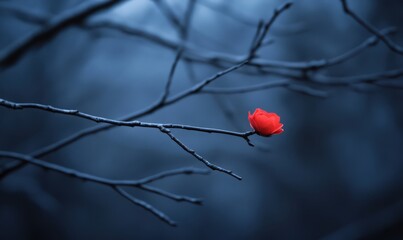 Single Red Flower on Bare Branch in Winter