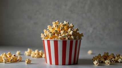 For movie night or snack time ideas, a red and white paper bucket with popcorn is isolated on a clear backdrop.