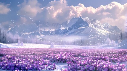 Serene Snowy Landscape with Vibrant Purple Flowers Against Majestic Mountain Range