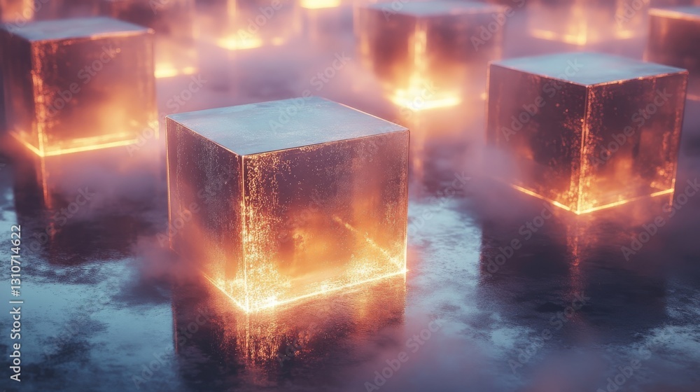 Poster glowing cubes with a metallic texture set against a soft haze