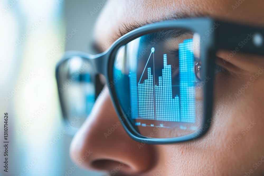 Poster digital data reflected in glasses illustrating technological insight and analysis