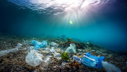 plastic waste scattered on ocean floor with sunlight beams