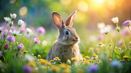 A young bunny rabbit sits amidst a vibrant meadow of wildflowers bathed in warm sunlight, a charming springtime scene