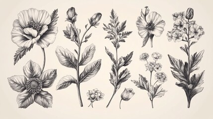 A detailed vintage botanical illustration set of various flowers and leaves, intricately hand-drawn.
