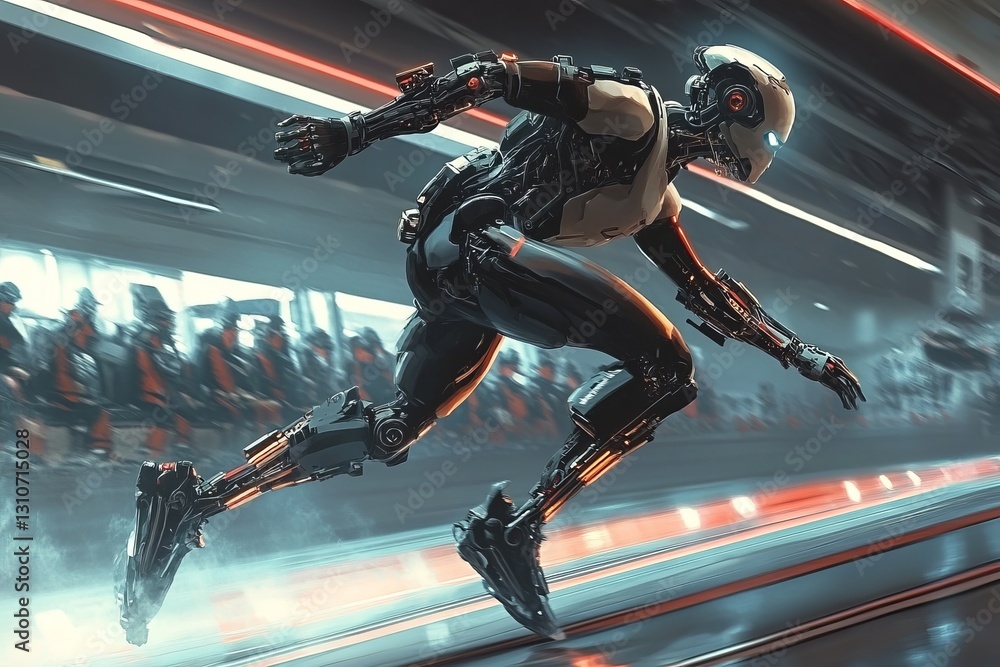 Aufkleber a robot is running in a futuristic setting with a crowd of people watching