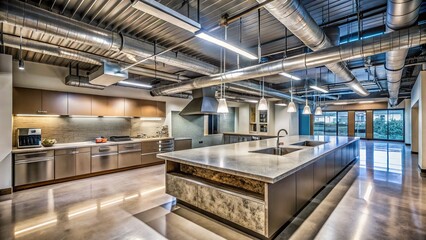 Fototapeta premium Modern Office Interior: Long Exposure of Granite Countertop with Exposed Ductwork