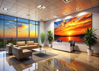 Fototapeta premium Modern Office Reception Area with Sunset Canvas Art, Empty Space for Text