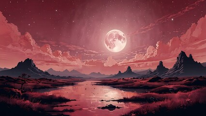 Pink abstract fantasy landscape illustration including stars and a moon