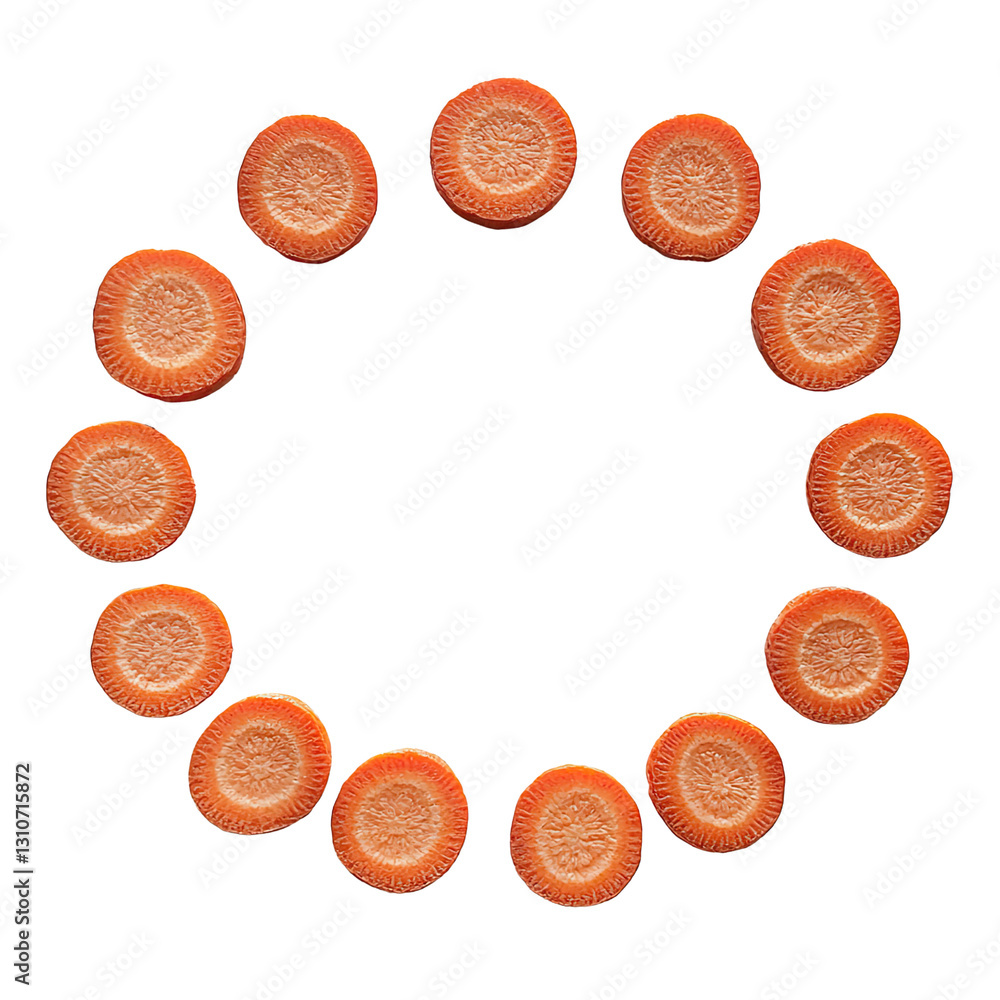 Poster circular arrangement of fresh sliced carrots displaying natural color and texture on a white backgro