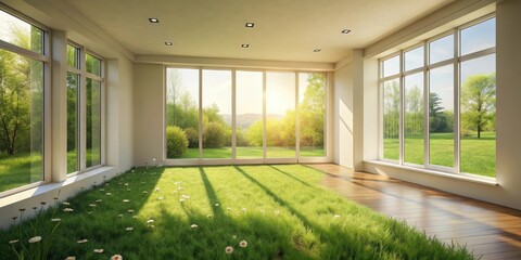 Fototapeta premium Serene indoor space featuring a vibrant lawn with wildflowers, bathed in sunlight streaming through expansive windows offering a picturesque view of a tranquil landscape.