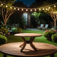 Wooden Table in a Luminous Garden at Night