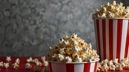 For movie night or snack time ideas, a red and white paper bucket with popcorn is isolated on a clear backdrop.