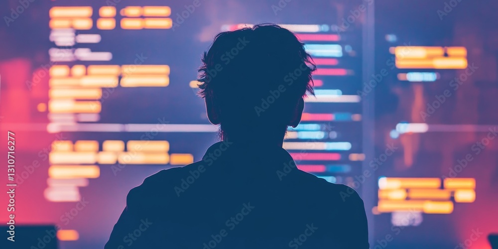 Poster a man is sitting in front of a computer screen with a lot of code on it