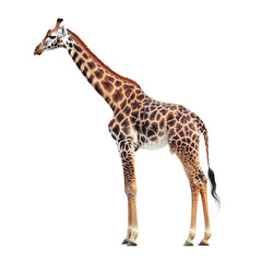 Side view of giraffe, isolated on transparent background, showcasing a tall African safari animal with a long neck, standing gracefully.