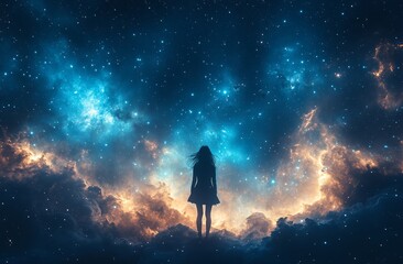 Obraz premium Lost in the Universe – A Girl Among the Stars