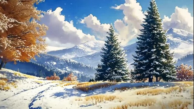 Snowy mountain path with trees, autumn colors, sunny day, scenic view, outdoor
