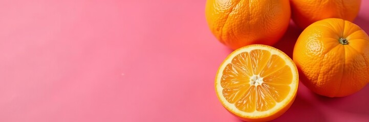 Close-up of bright oranges arranged on a vibrant pink table, fruits, arrangement, colorful