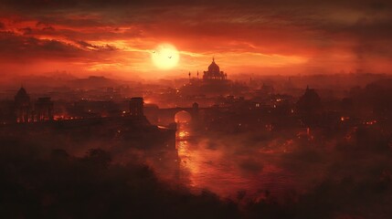Fiery Sunset Over Ancient City