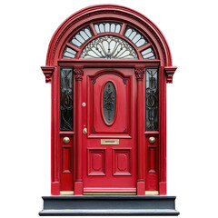Obraz premium Elegant Red Door with Arched Window and Black Decorative Panels in Charming Architectural Style