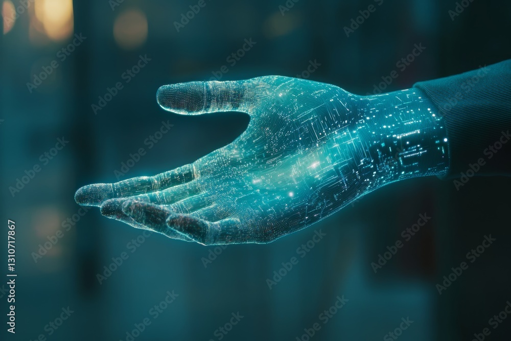 Poster futuristic hand with digital interface and circuit patterns displayed