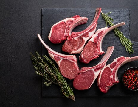 top view of raw lamb chops and fresh mutton cutlets on ribs with a dark background offering ample copy space image