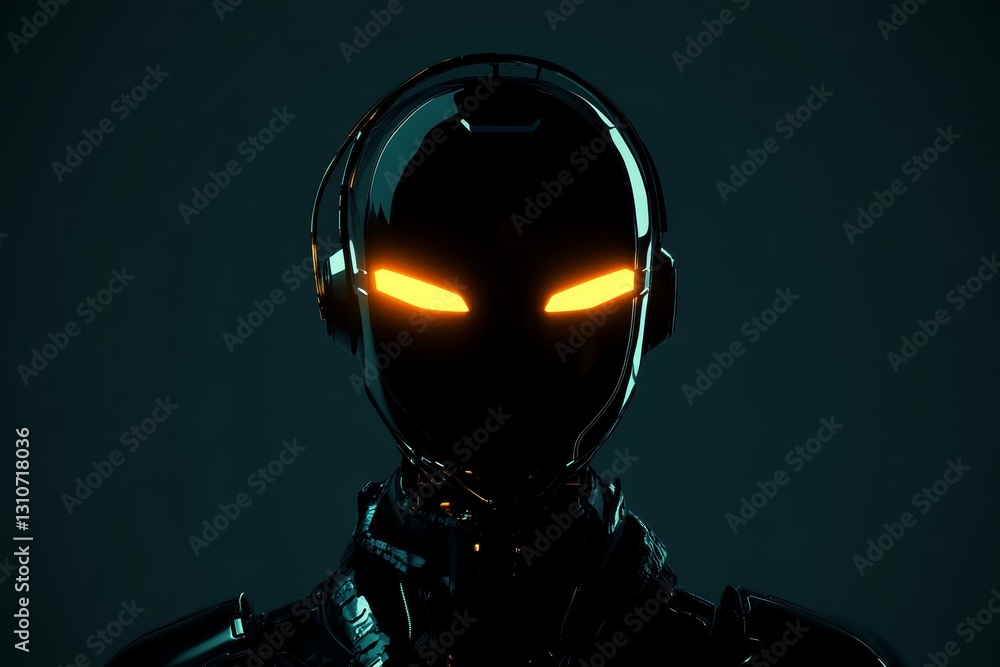 Poster mysterious robot with glowing eyes in dark futuristic setting