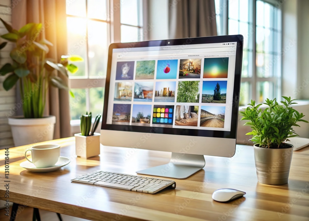 Poster modern web browser window on desktop showing search results, bright office setting