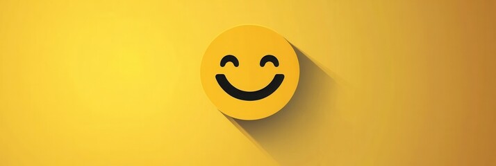 Minimalist icon depicting a smiling face in bright yellow with flat design conveying happiness and positivity in a simplistic manner