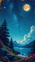 Naklejka premium Stylized illustration of a dreamy, starry night scene on weathered paper with golden accents, stars, illustration, sky