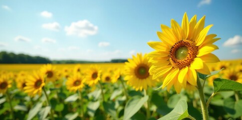 Fototapeta premium Summer sunflowers in field, flowers, yellow, flower