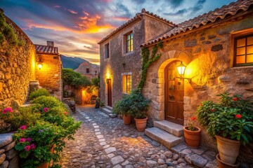 Fototapeta premium Monemvasia Greece Old House, Charming Bokeh Sunset Architecture Photography