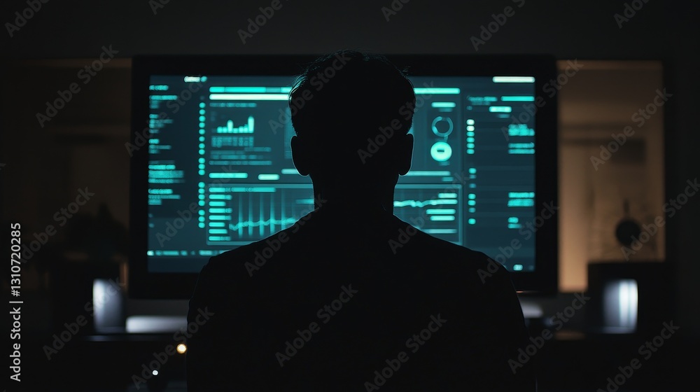Poster a man is sitting in front of a computer monitor with a black screen